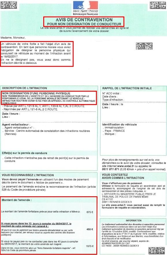 Avis de contravention réel pour non-désignation de conducteur